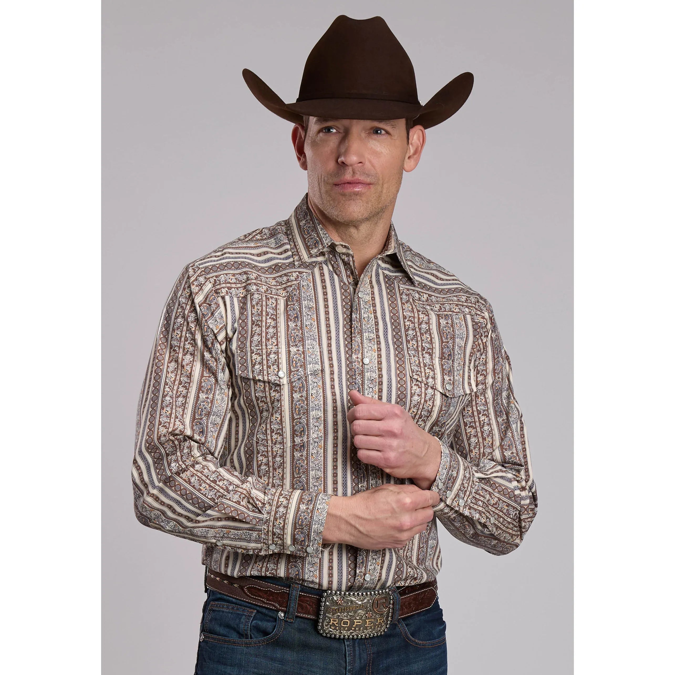 Men's Roper Brown And Cream Print Western Shirt