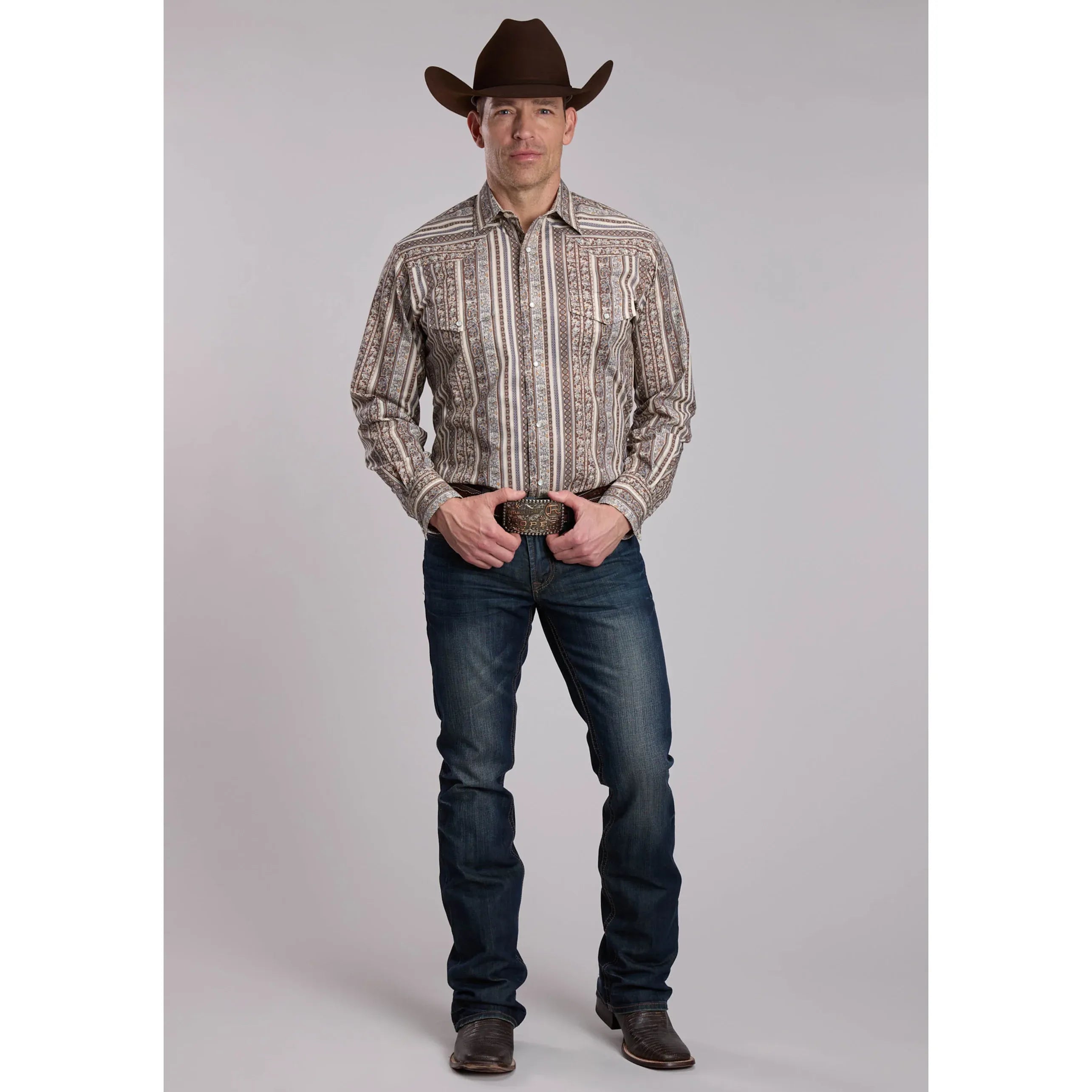 Men's Roper Brown And Cream Print Western Shirt