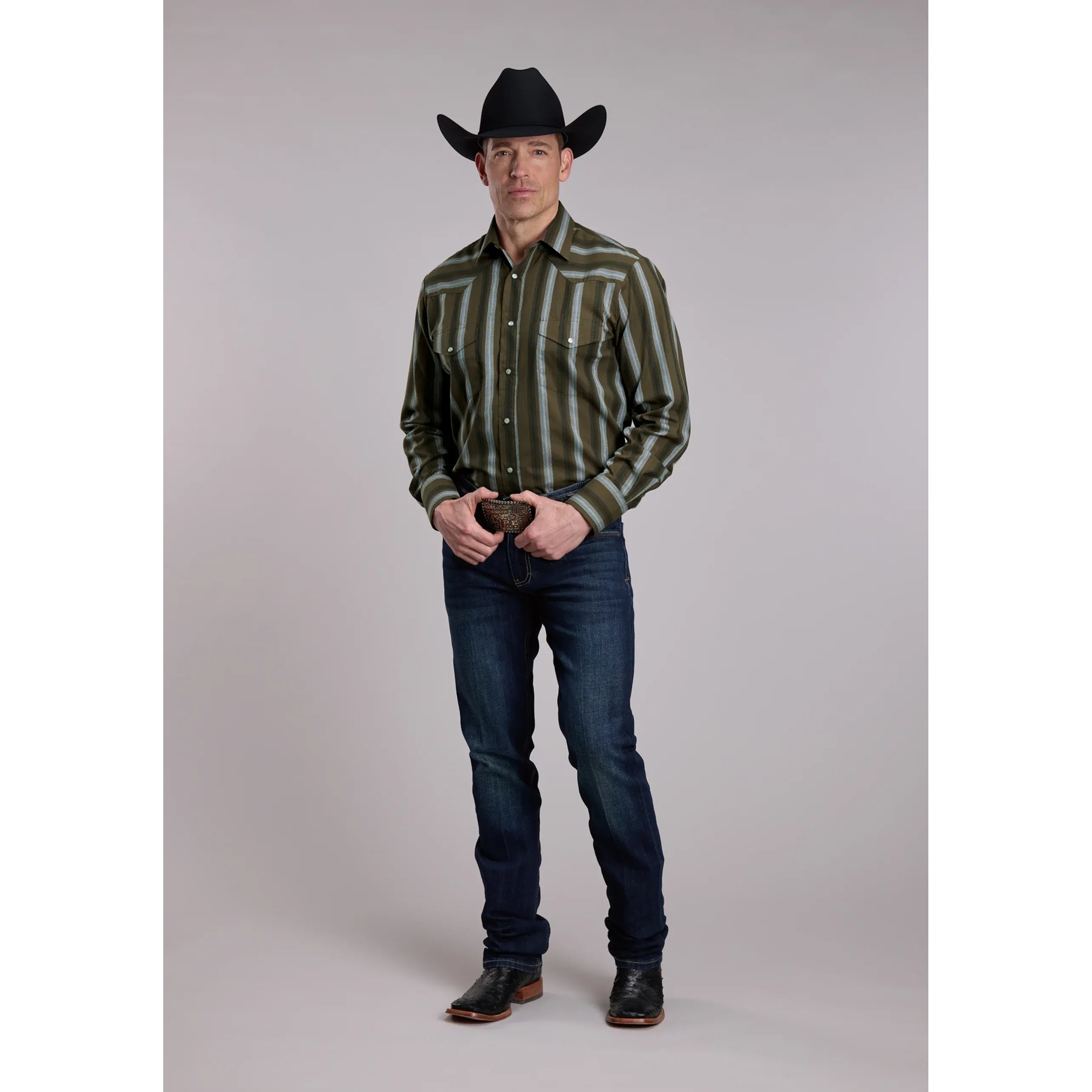 Men's Roper Olive Black And Grey Stripe Western Snap Shirt