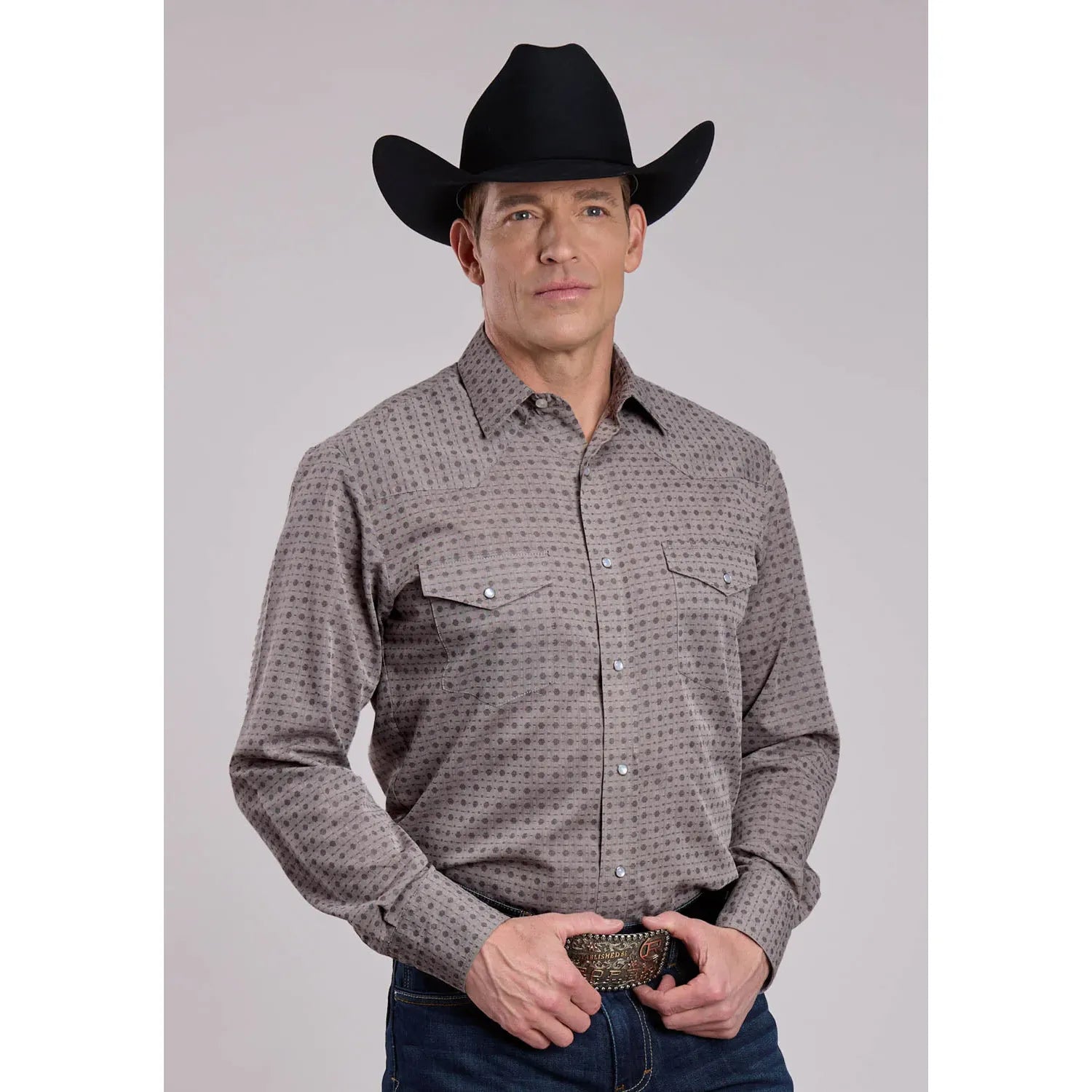 Men's Roper Long Sleeve Snap Double Diamonds Shirt-Grey - CWesternwear