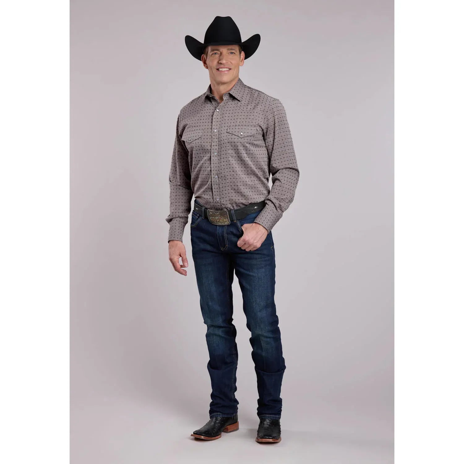 Men's Roper Long Sleeve Snap Double Diamonds Shirt-Grey - CWesternwear