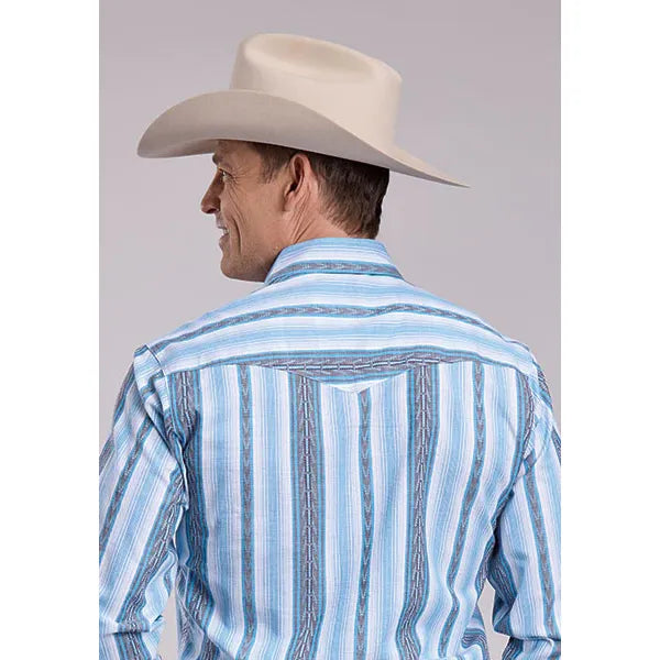 Men's Roper Long Sleeve Vertical Performance Stripe Snap Shirt-Blue Stripe - CWesternwear