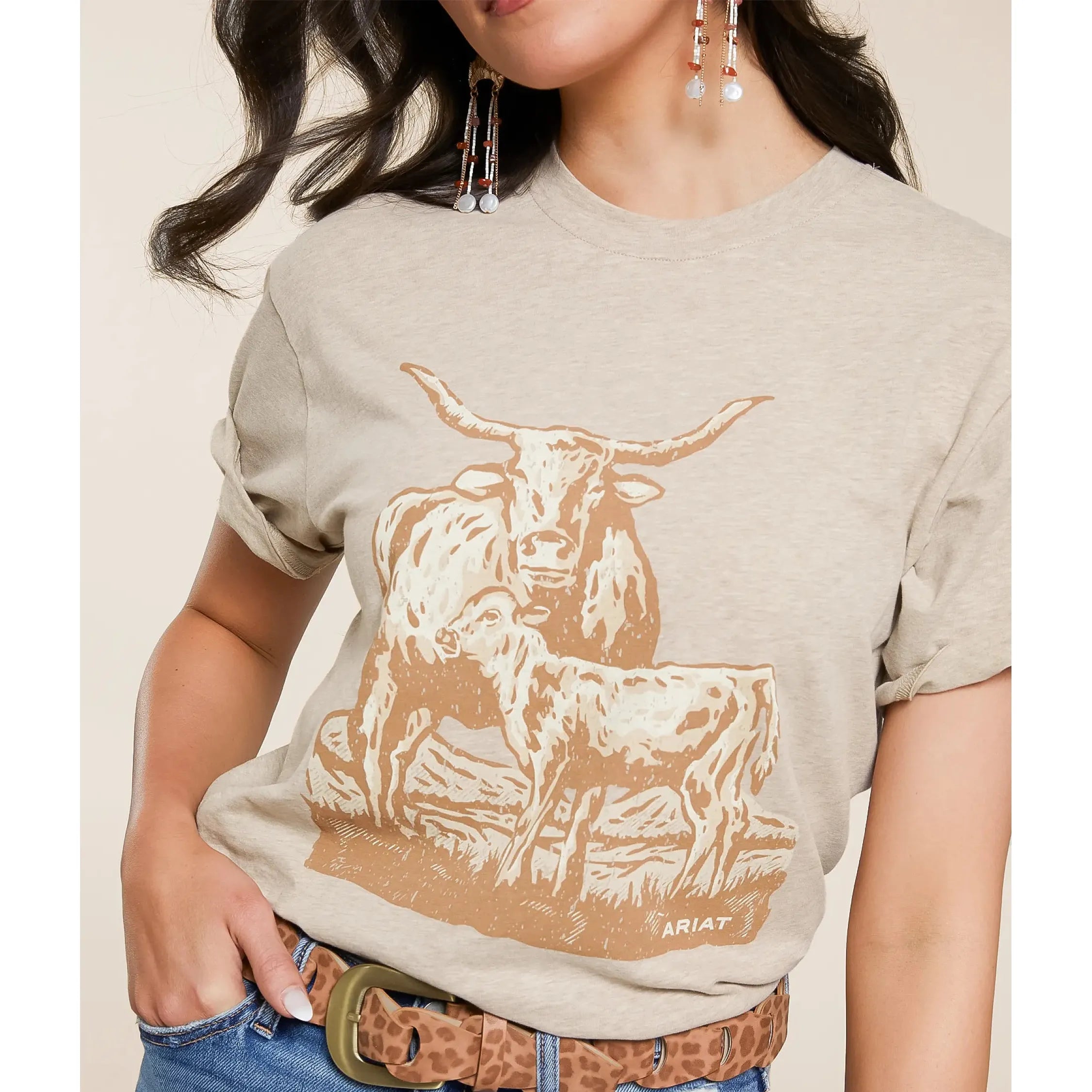 Women's Ariat Longhorn Short Sleeve T-Shirt-Oatmeal Heather