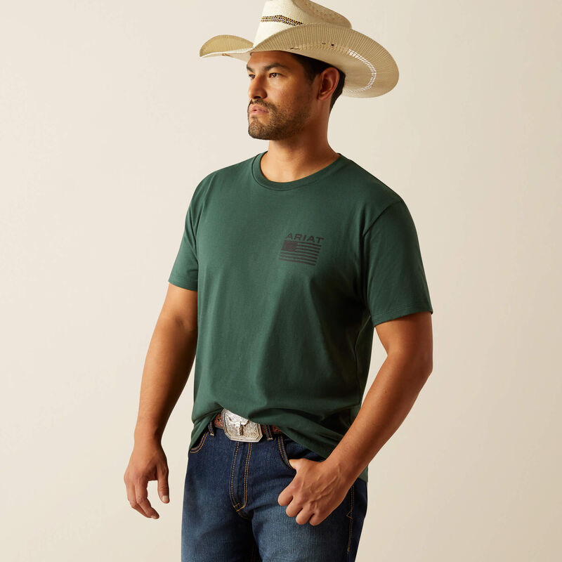 Men's Ariat Rustic Wood Flag T-Shirt- Forest Green