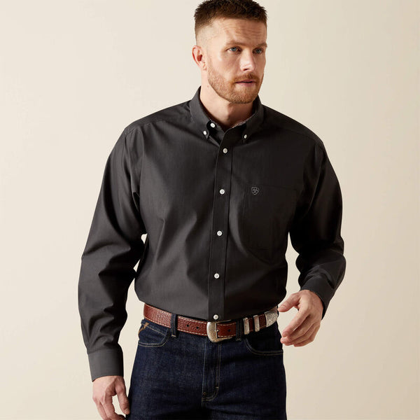 Men's Ariat Wrinkle Free Solid Pinpoint Oxford Classic Fit Shirt-Black
