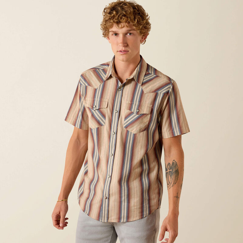 Men's Ariat Retro Haver Fitted Short Sleeve Snap Shirt-Cooper Brown Stripe - CWesternwear