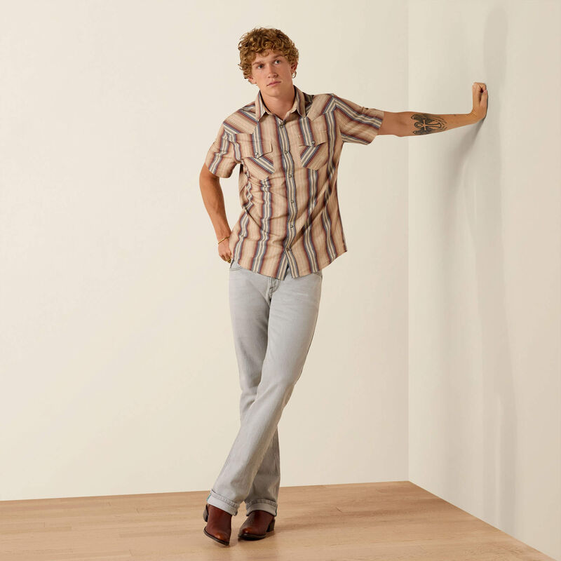 Men's Ariat Retro Haver Fitted Short Sleeve Snap Shirt-Cooper Brown Stripe - CWesternwear