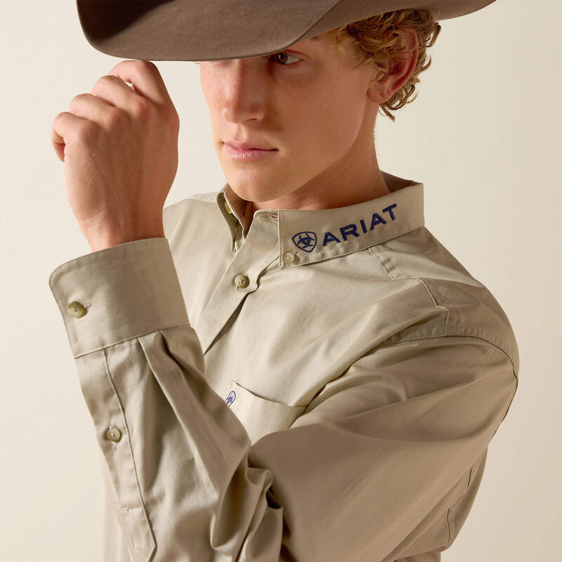 Men's Ariat Team Logo Lightweight Twill Classic Fit Shirt-Khaki/Navy
