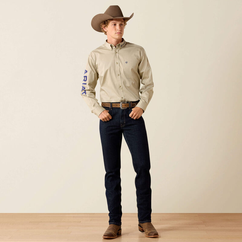 Men's Ariat Team Logo Lightweight Twill Classic Fit Shirt-Khaki/Navy