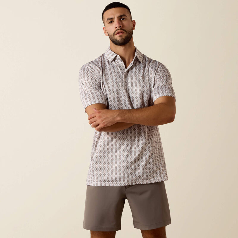 Men's Ariat All Over Print Polo-Taupe Grey Southwest Geo Print