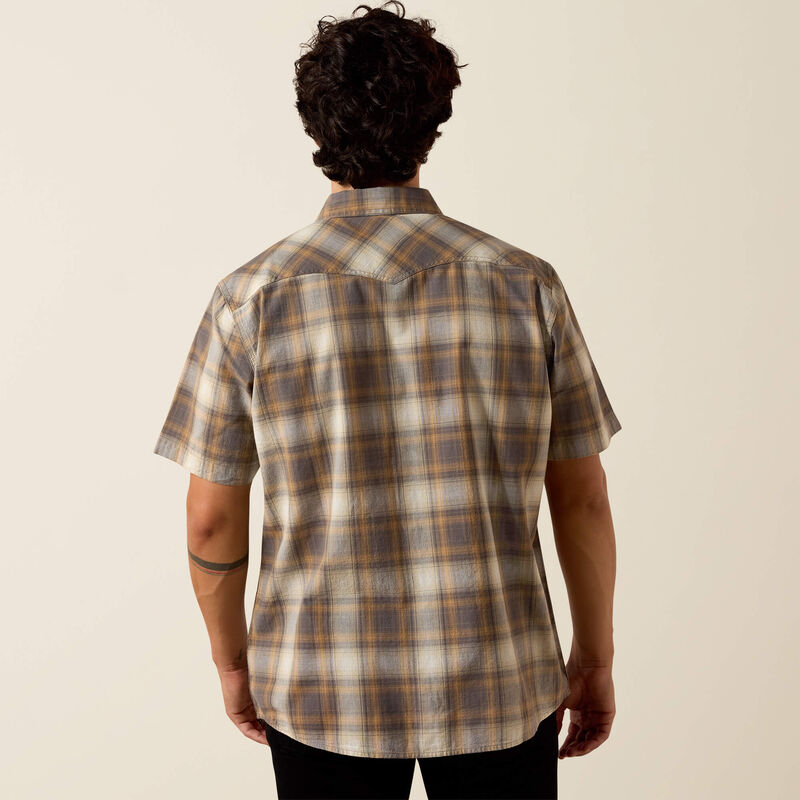 Men's Ariat Retro Helix Fitted Short Sleeve Snap Shirt-Dark Gull Grey Plaid - CWesternwear
