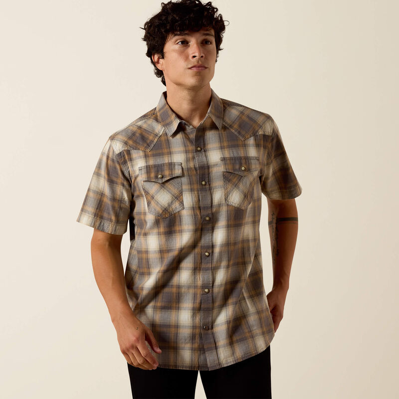 Men's Ariat Retro Helix Fitted Short Sleeve Snap Shirt-Dark Gull Grey Plaid - CWesternwear