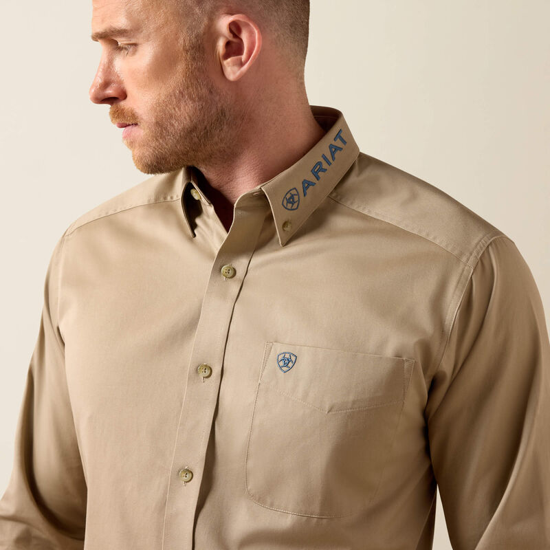 Men's Ariat Team Logo Twill Classic Fit Shirt-Savannah Tan/Navy