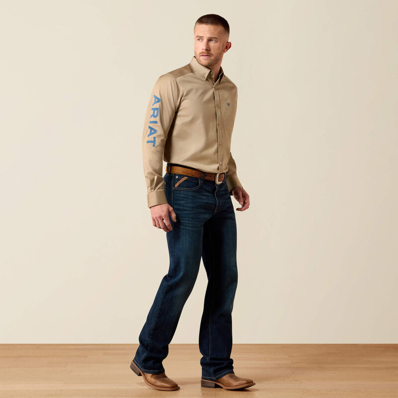 Men's Ariat Team Logo Twill Classic Fit Shirt-Savannah Tan/Navy