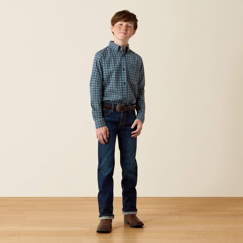 Boy's Ariat Lex Classic Fit Shirt-Real Teal Southwest Geo Print