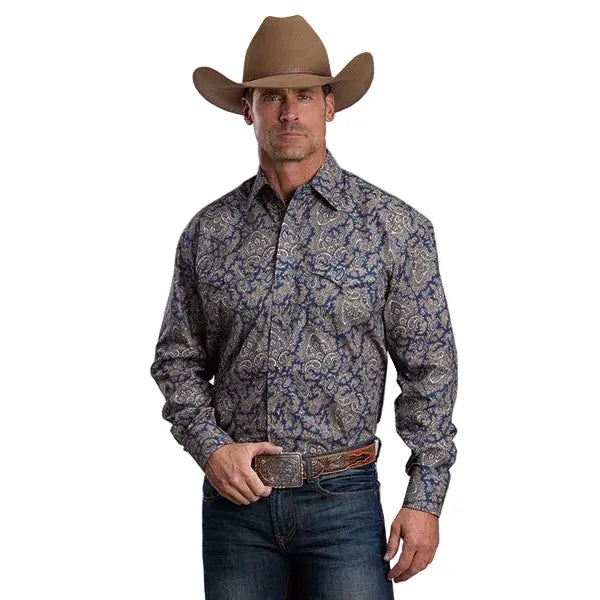 Men's Stetson Snap 2 Pocket Navy Gold Paisley Print Shirt