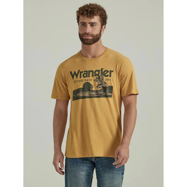 MEN'S WRANGLER VIGNETTE LOGO T-SHIRT IN PALE GOLD HEATHER