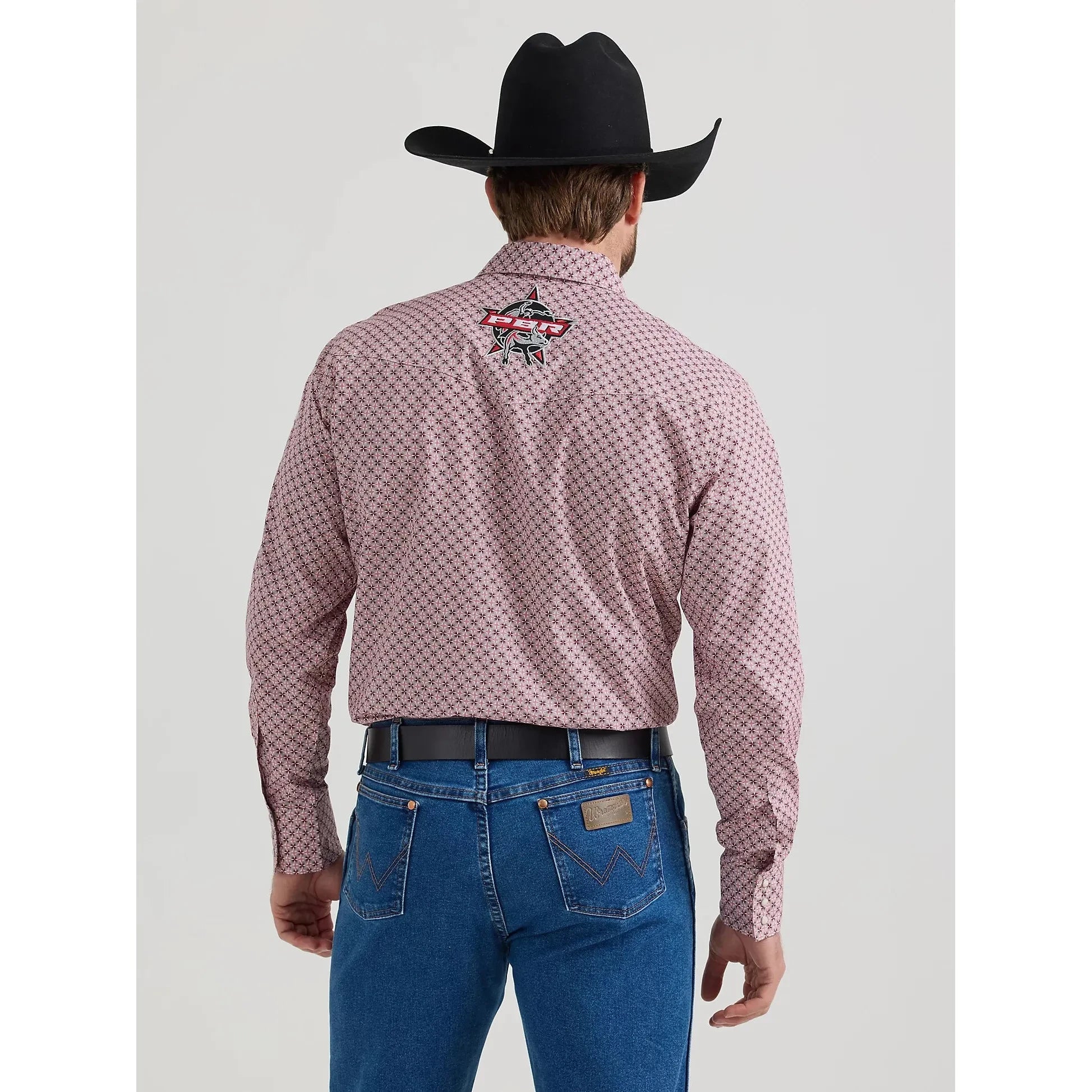 MEN'S WRANGLER® PBR® LOGO LONG SLEEVE PRINT WESTERN SNAP SHIRT IN RED RODEO