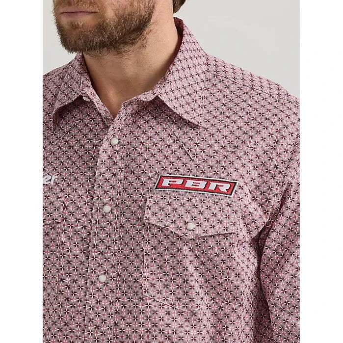 MEN'S WRANGLER® PBR® LOGO LONG SLEEVE PRINT WESTERN SNAP SHIRT IN RED RODEO