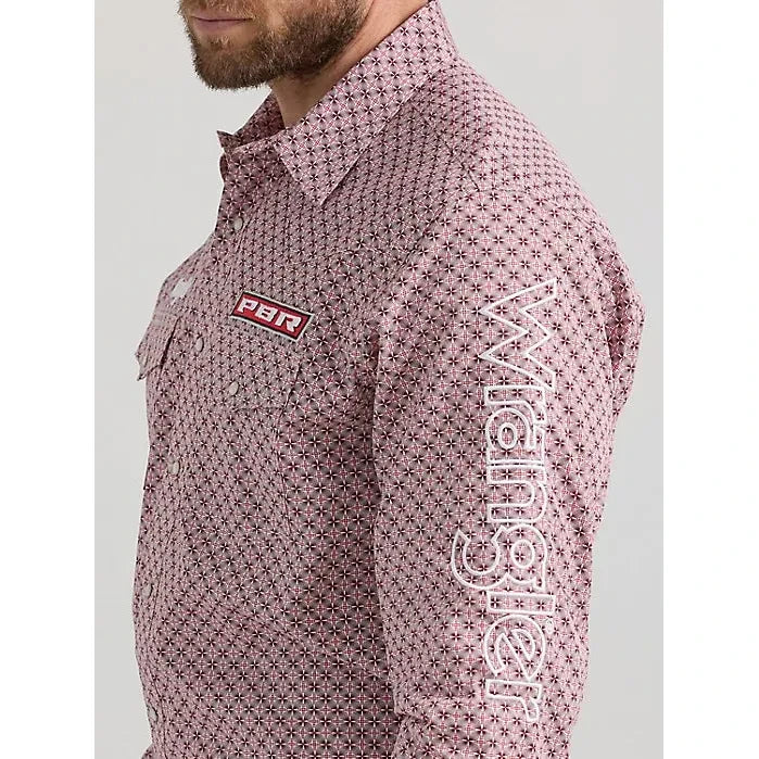 MEN'S WRANGLER® PBR® LOGO LONG SLEEVE PRINT WESTERN SNAP SHIRT IN RED RODEO