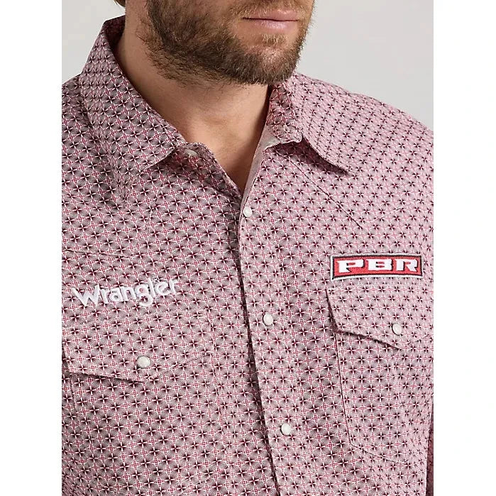MEN'S WRANGLER® PBR® LOGO LONG SLEEVE PRINT WESTERN SNAP SHIRT IN RED RODEO