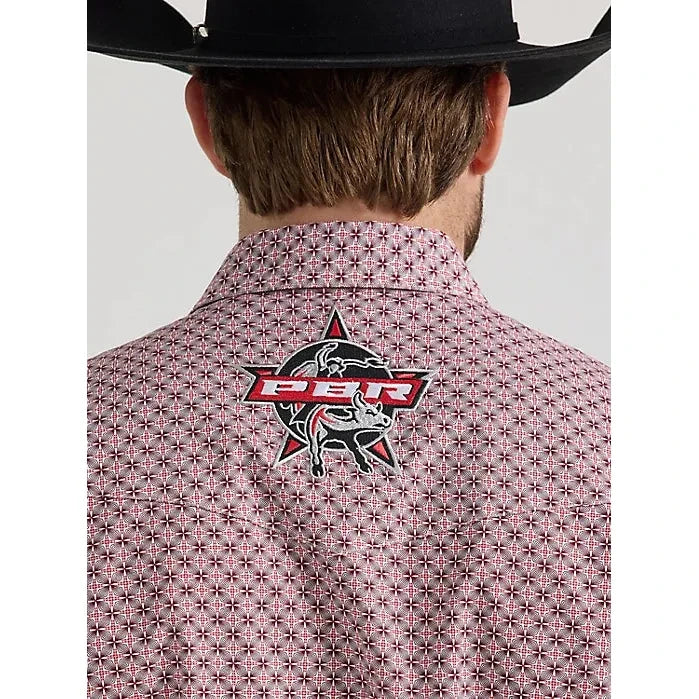 MEN'S WRANGLER® PBR® LOGO LONG SLEEVE PRINT WESTERN SNAP SHIRT IN RED RODEO