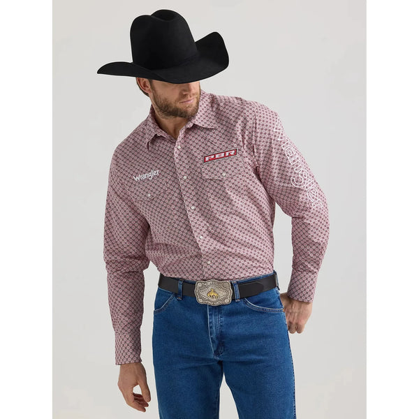 MEN'S WRANGLER® PBR® LOGO LONG SLEEVE PRINT WESTERN SNAP SHIRT IN RED RODEO