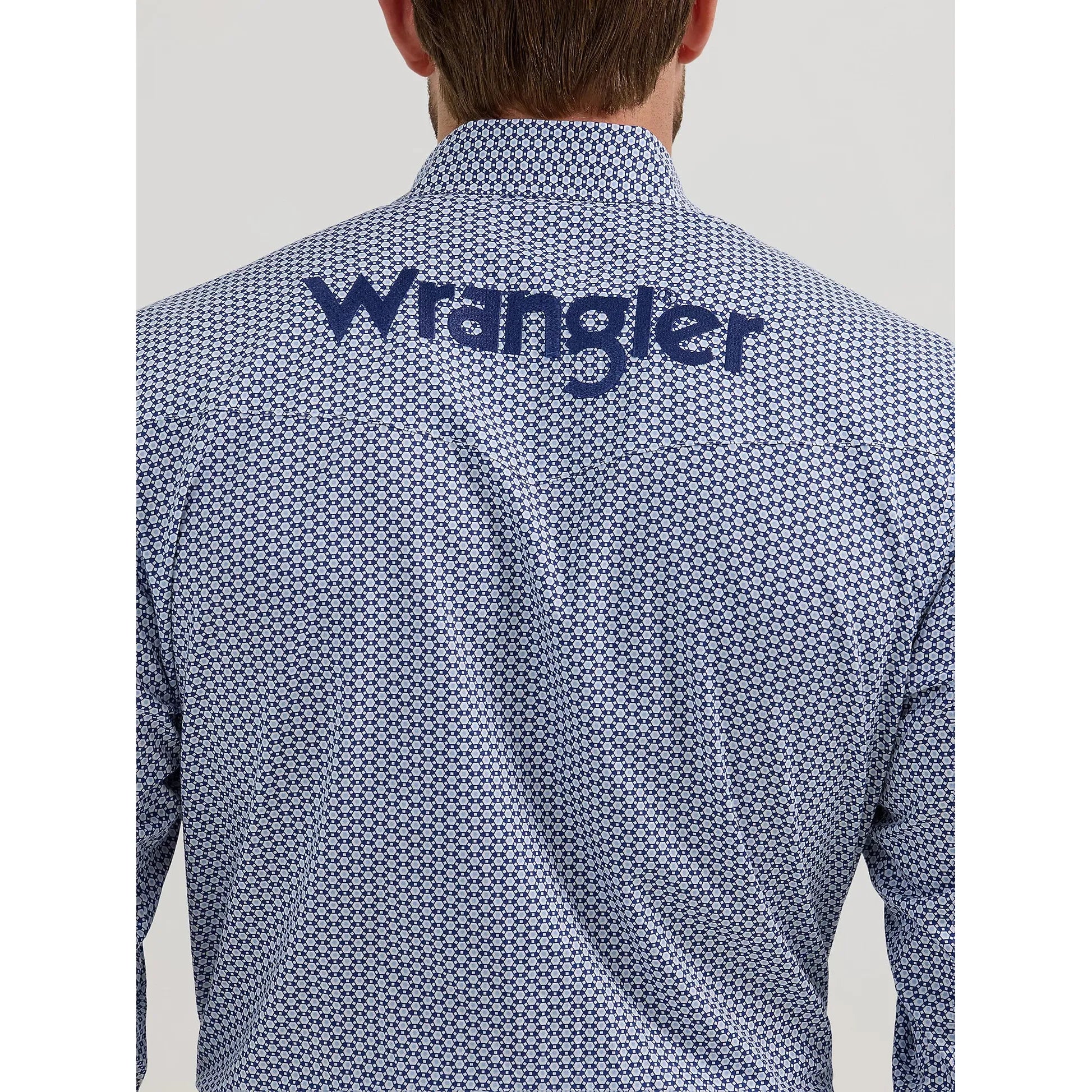 Men's Wrangler Logo Long Sleeve Western Snap Print Shirt - Navy Honeycomb