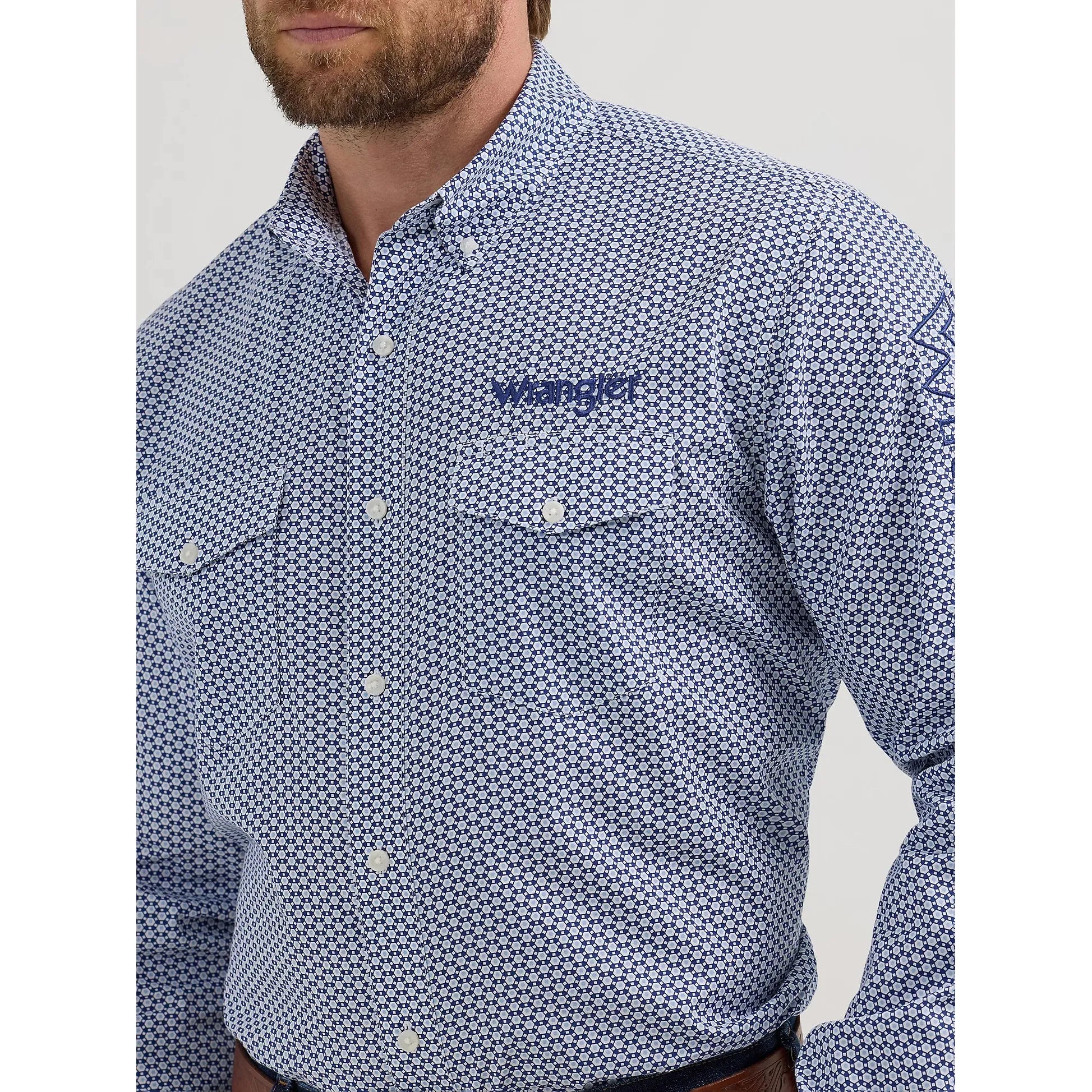 Men's Wrangler Logo Long Sleeve Western Snap Print Shirt - Navy Honeycomb
