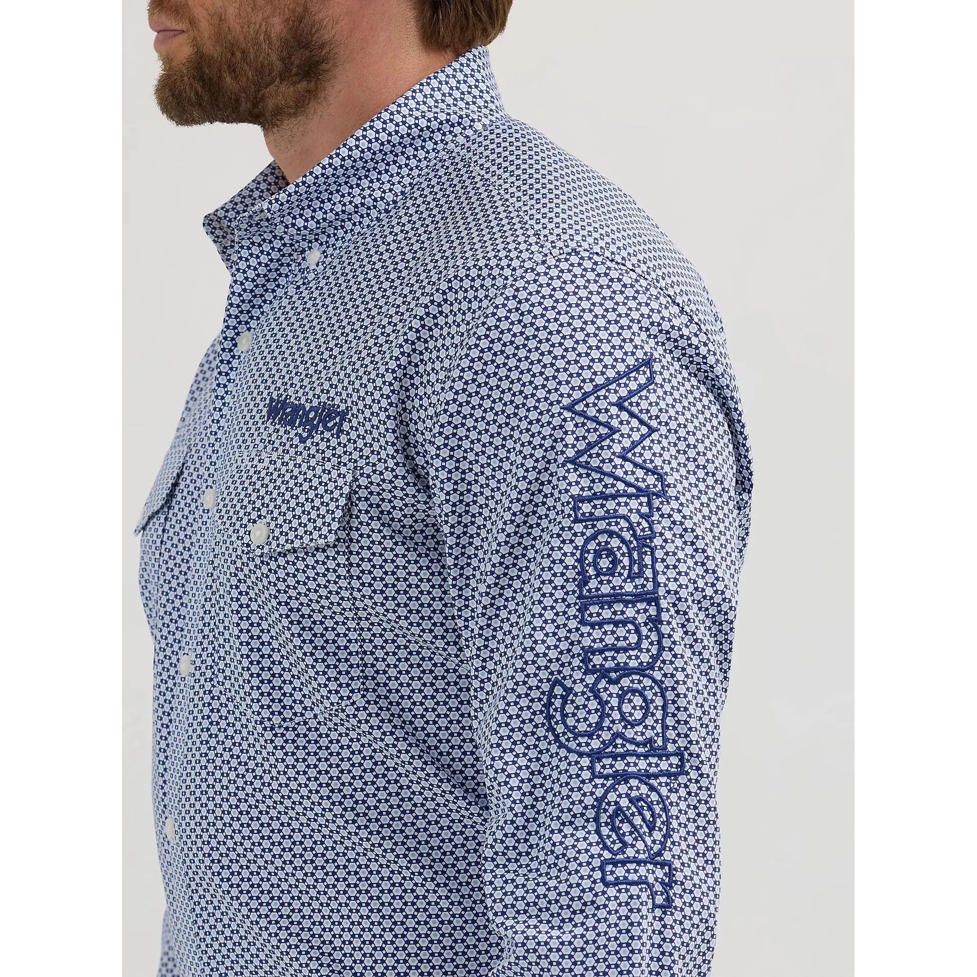 Men's Wrangler Logo Long Sleeve Western Snap Print Shirt - Navy Honeycomb