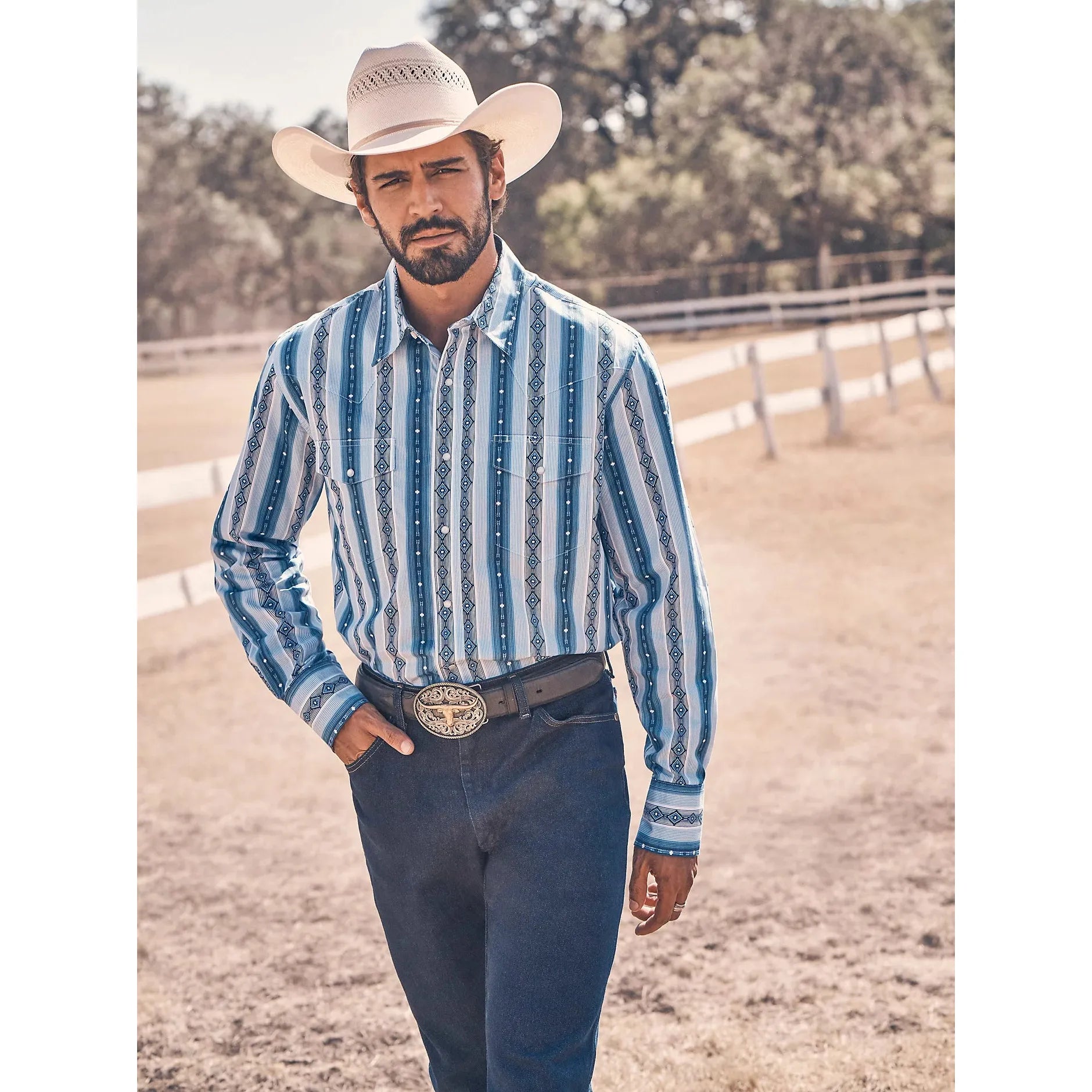 Men's Checotah® Long Sleeve Western Snap Printed Shirt-River Blue