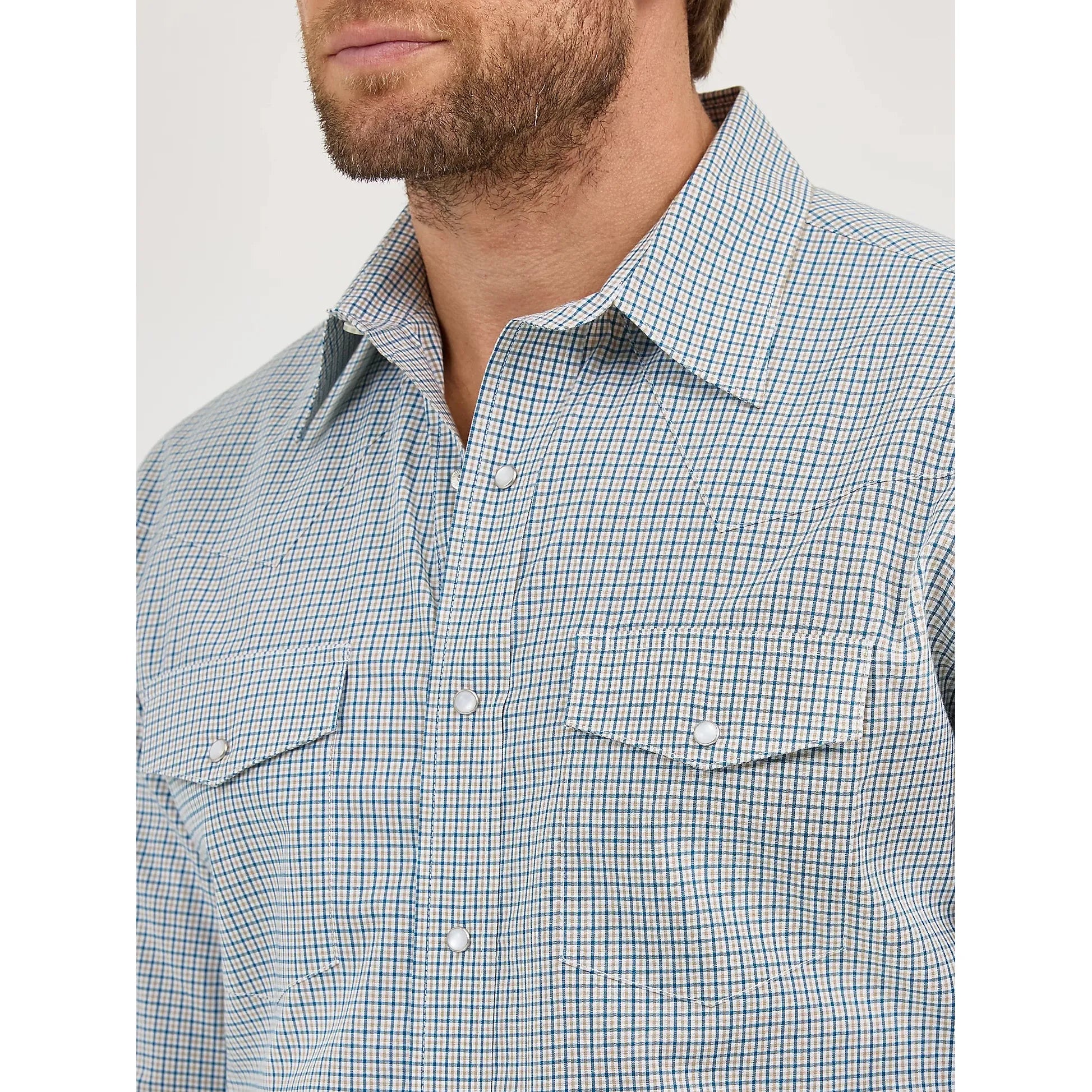 Men's Wrangler Wrinkle Resist Long Sleeve Western Snap Plaid Shirt-Seashore