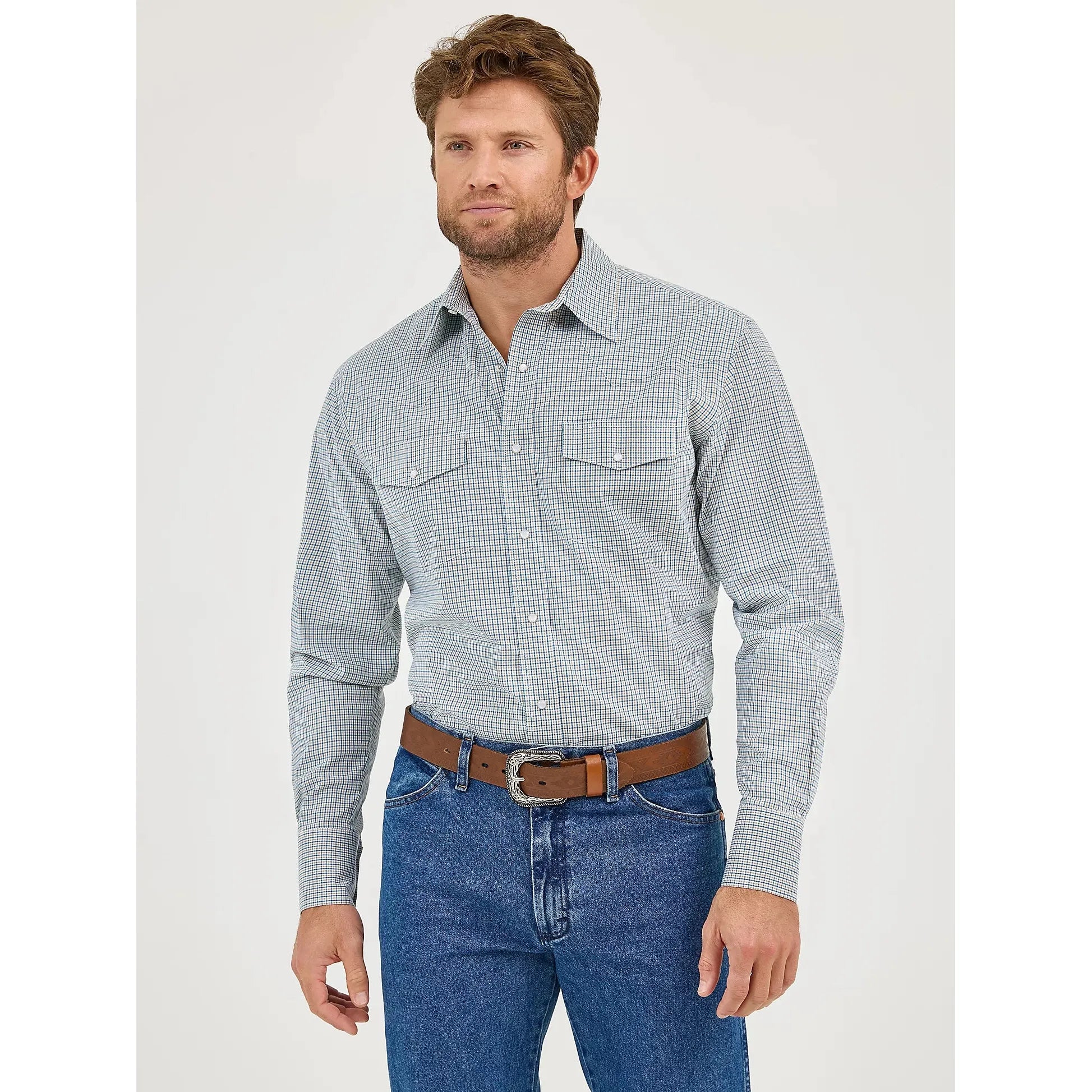 Men's Wrangler Wrinkle Resist Long Sleeve Western Snap Plaid Shirt-Seashore