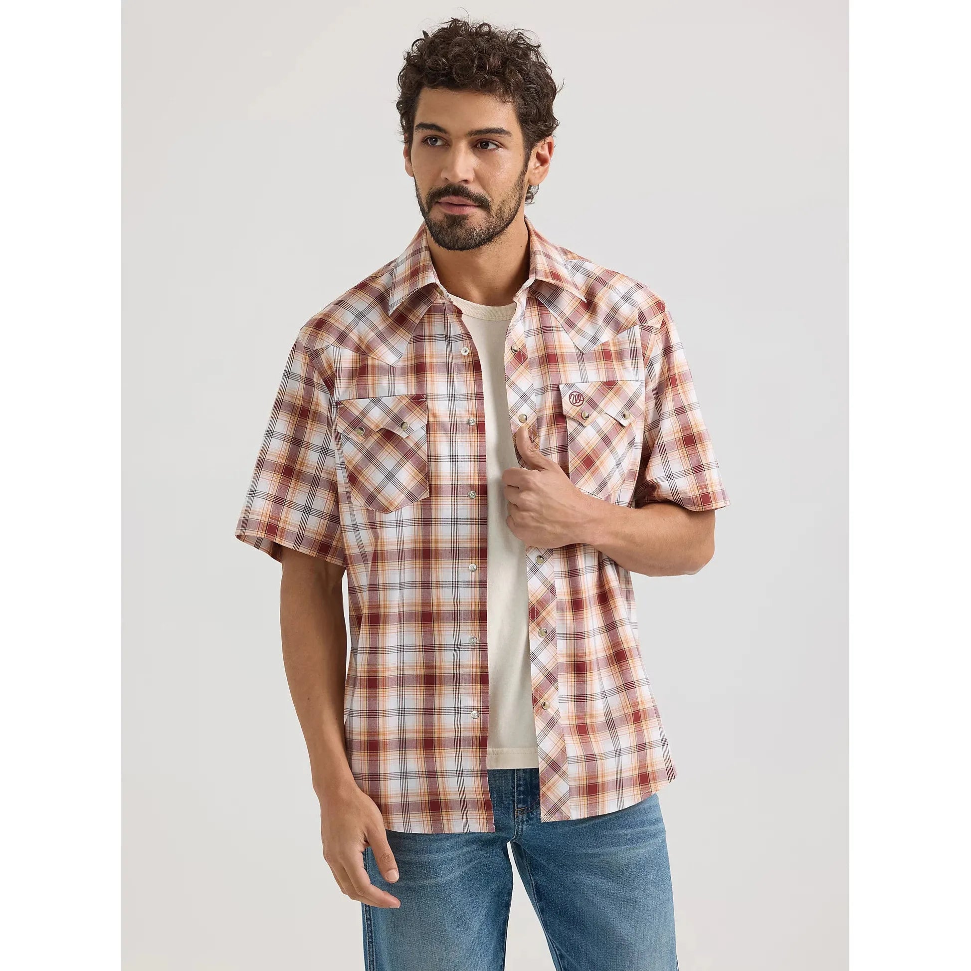 Men's Wrangler Retro Short Sleeve Sawtooth Pocket Western Snap Shirt-Classic Browns