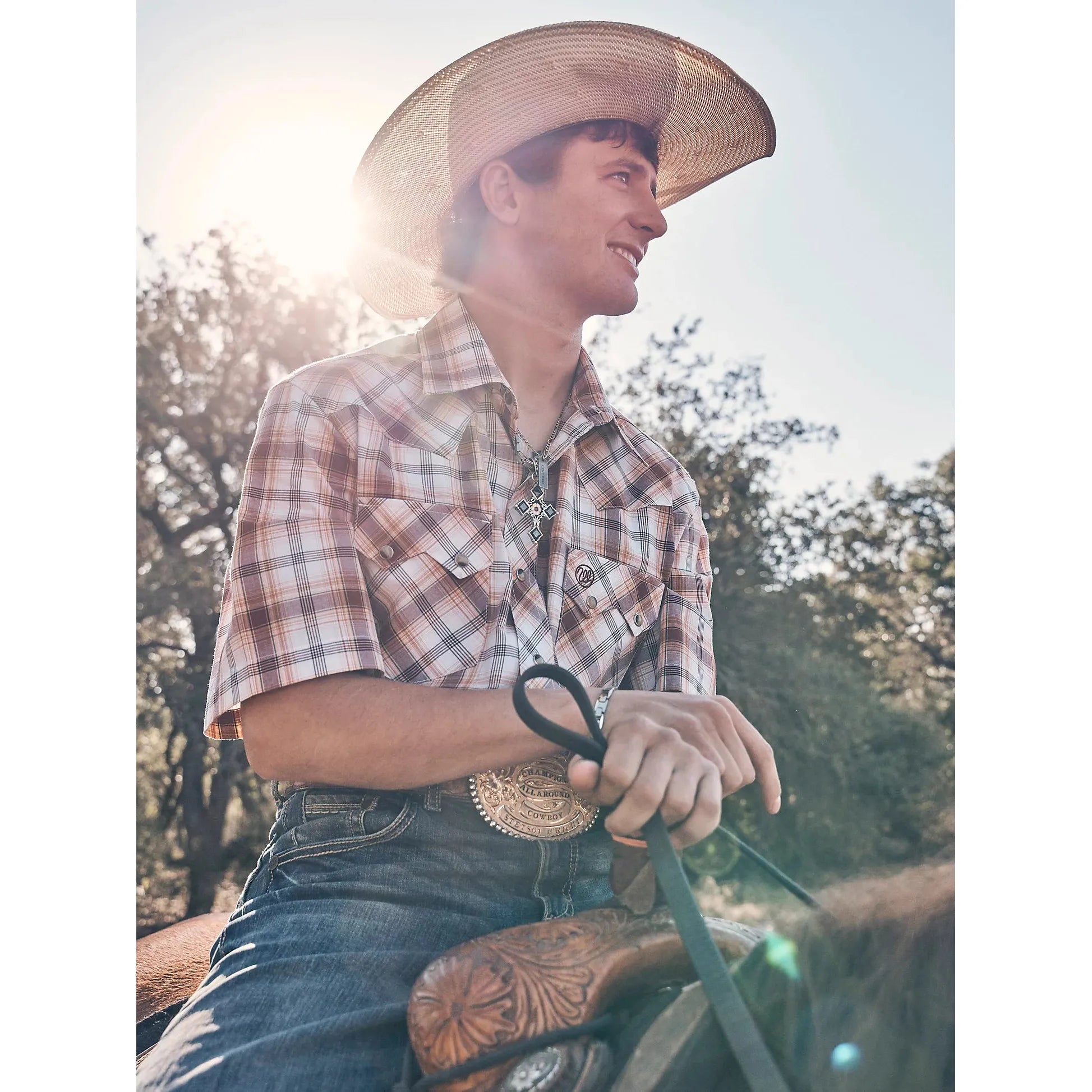 Men's Wrangler Retro Short Sleeve Sawtooth Pocket Western Snap Shirt-Classic Browns