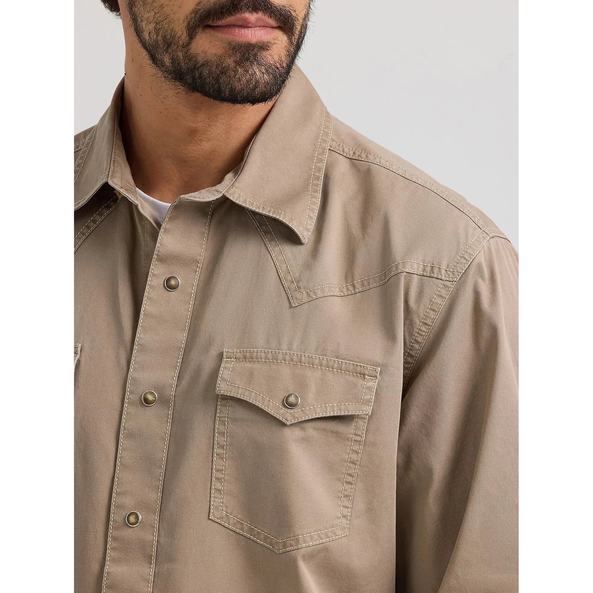 MEN'S WRANGLER RETRO PREMIUM WESTERN SNAP SOLID SHIRT-TAUPE