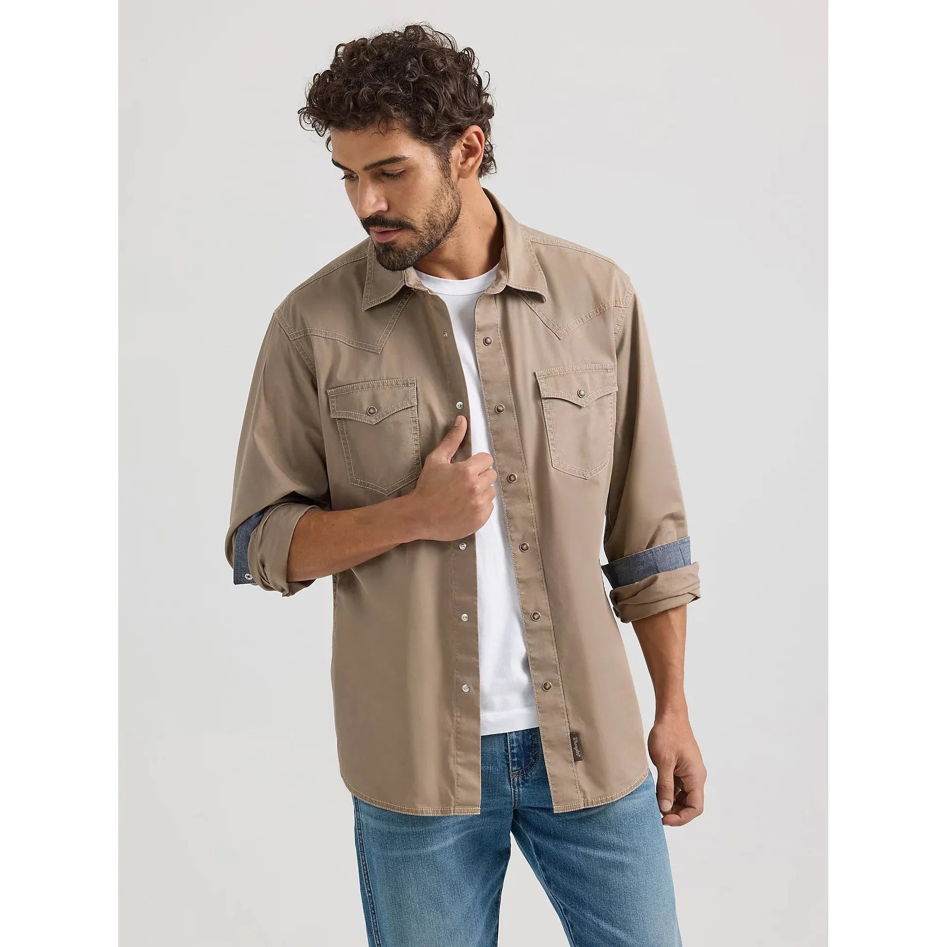 MEN'S WRANGLER RETRO PREMIUM WESTERN SNAP SOLID SHIRT-TAUPE