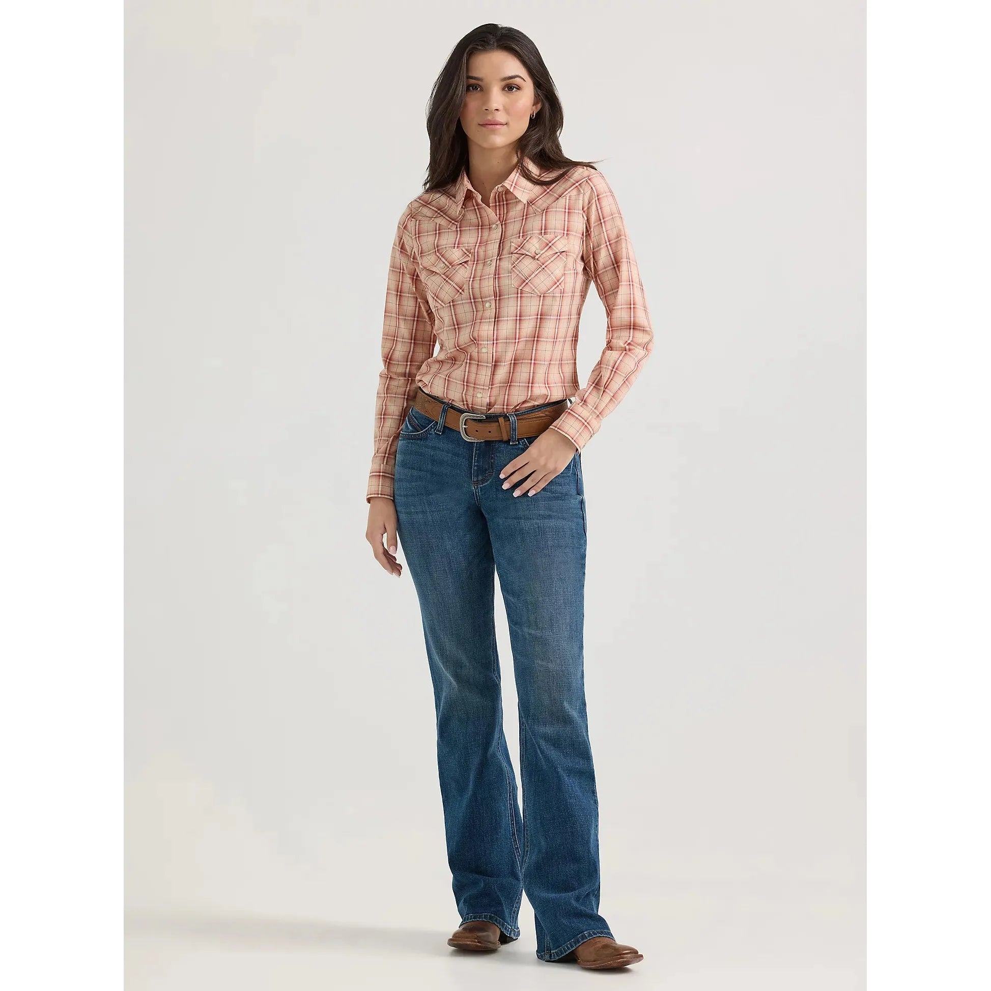 Women's Wrangler Essential Long Sleeve Plaid Western Snap Top-Peachy Keen