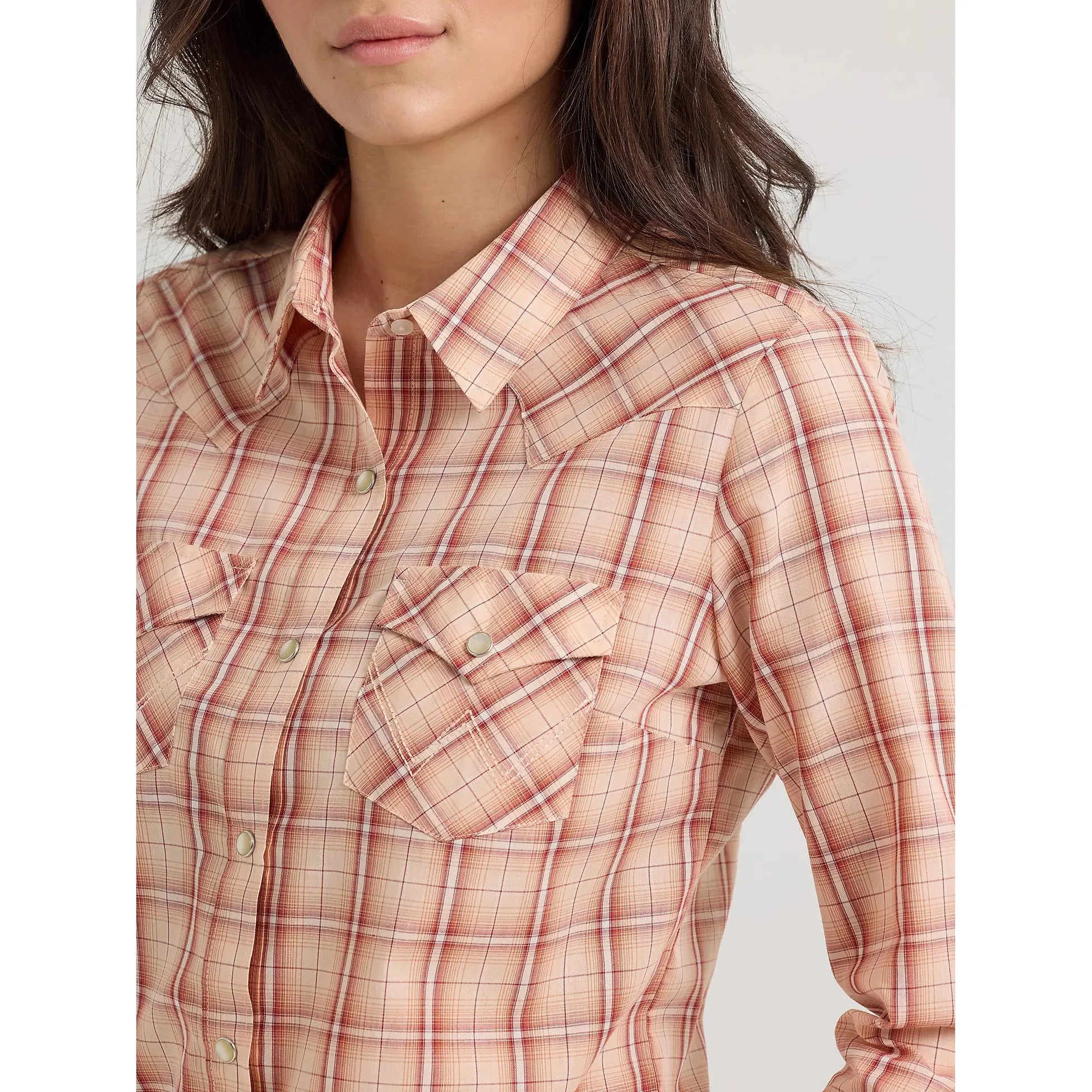 Women's Wrangler Essential Long Sleeve Plaid Western Snap Top-Peachy Keen