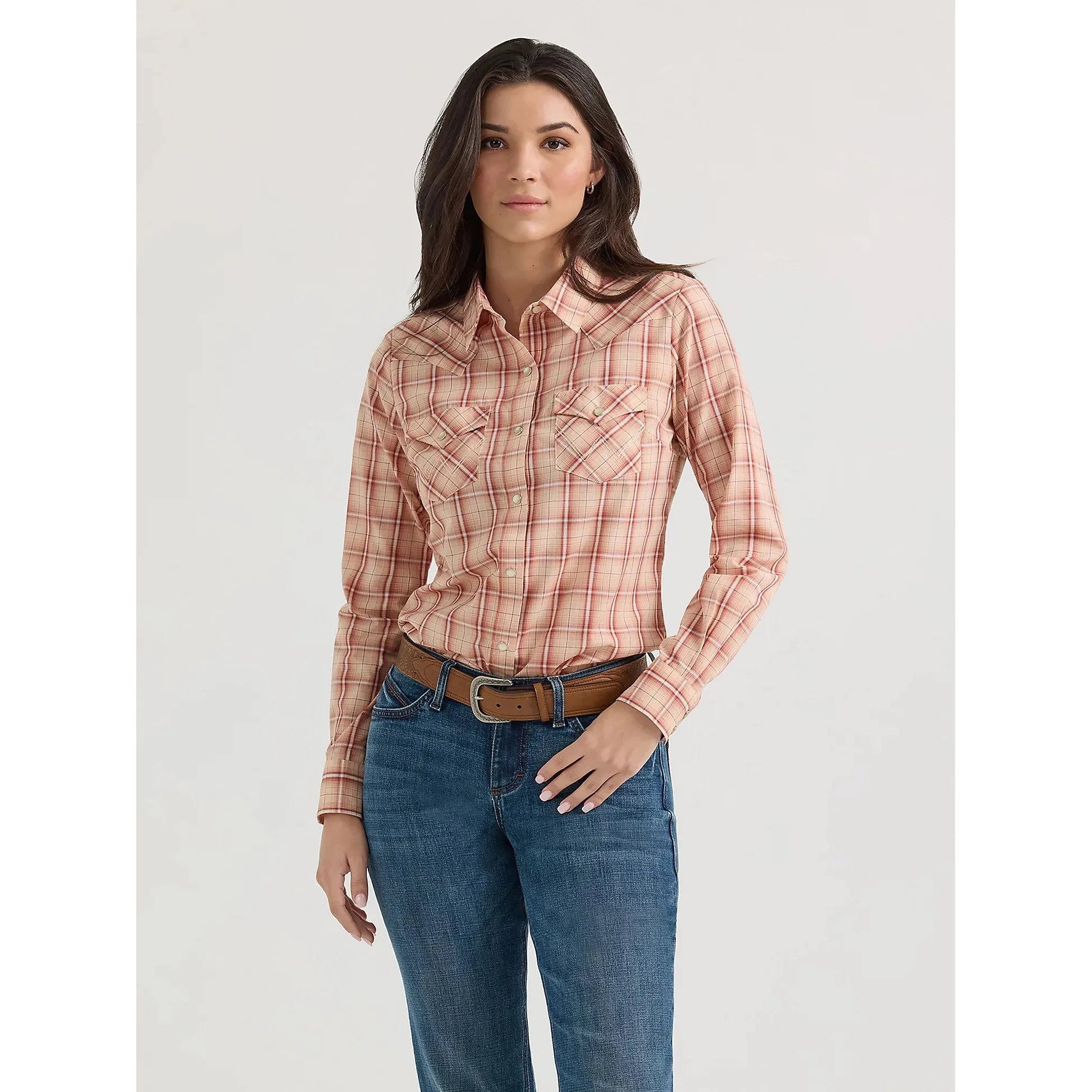 Women's Wrangler Essential Long Sleeve Plaid Western Snap Top-Peachy Keen