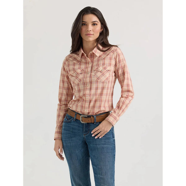 Women's Wrangler Essential Long Sleeve Plaid Western Snap Top-Peachy Keen