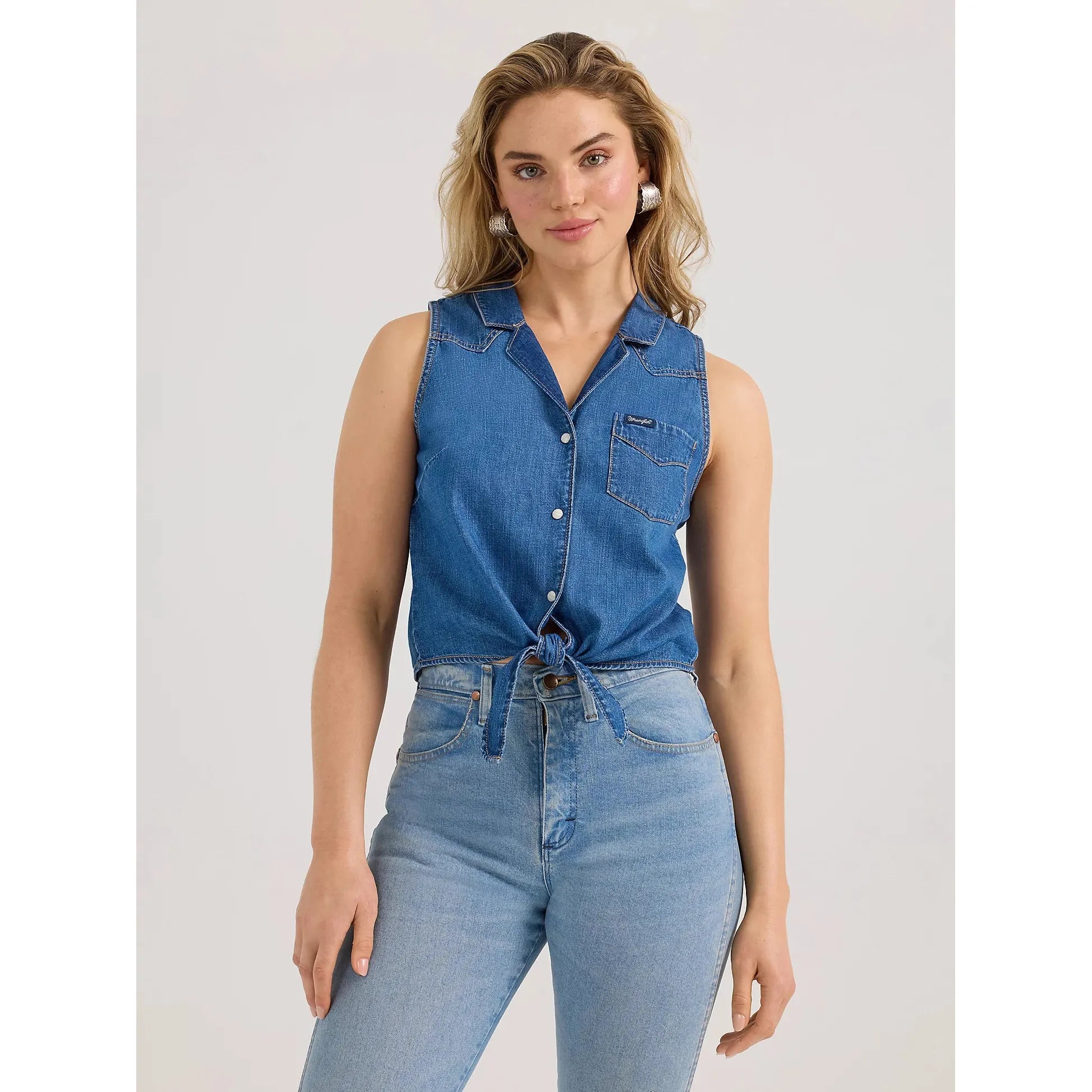 Women's Wrangler Denim Sleeveless Tie Front Shirt-Mid Wash