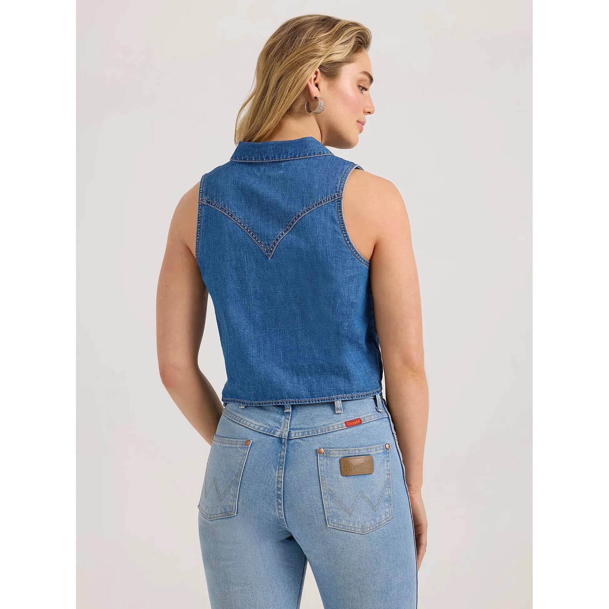 Women's Wrangler Denim Sleeveless Tie Front Shirt-Mid Wash