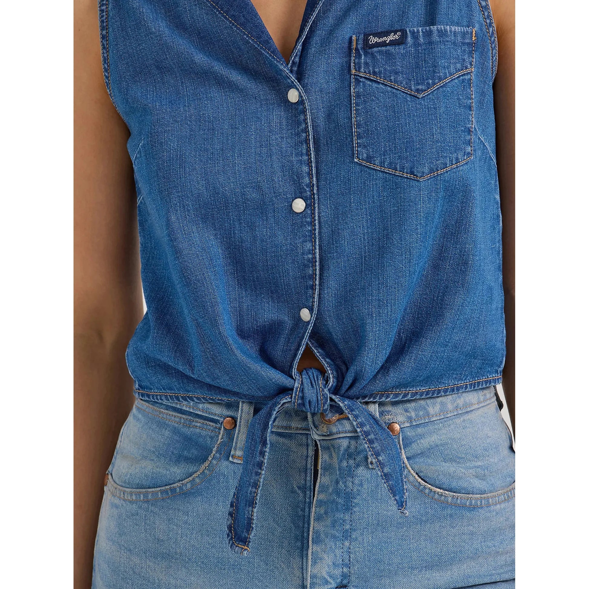 Women's Wrangler Denim Sleeveless Tie Front Shirt-Mid Wash