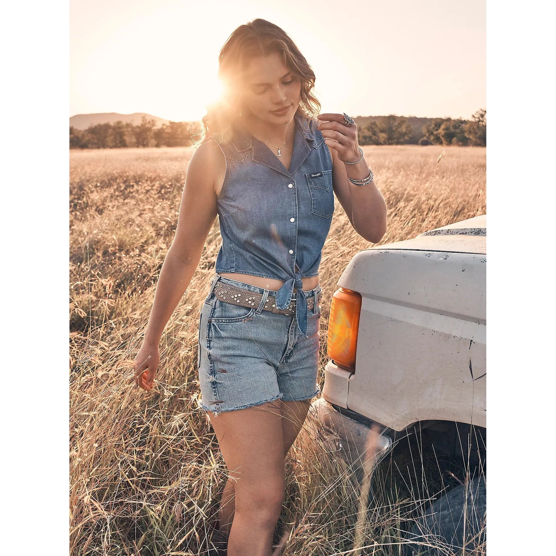 Women's Wrangler Denim Sleeveless Tie Front Shirt-Mid Wash