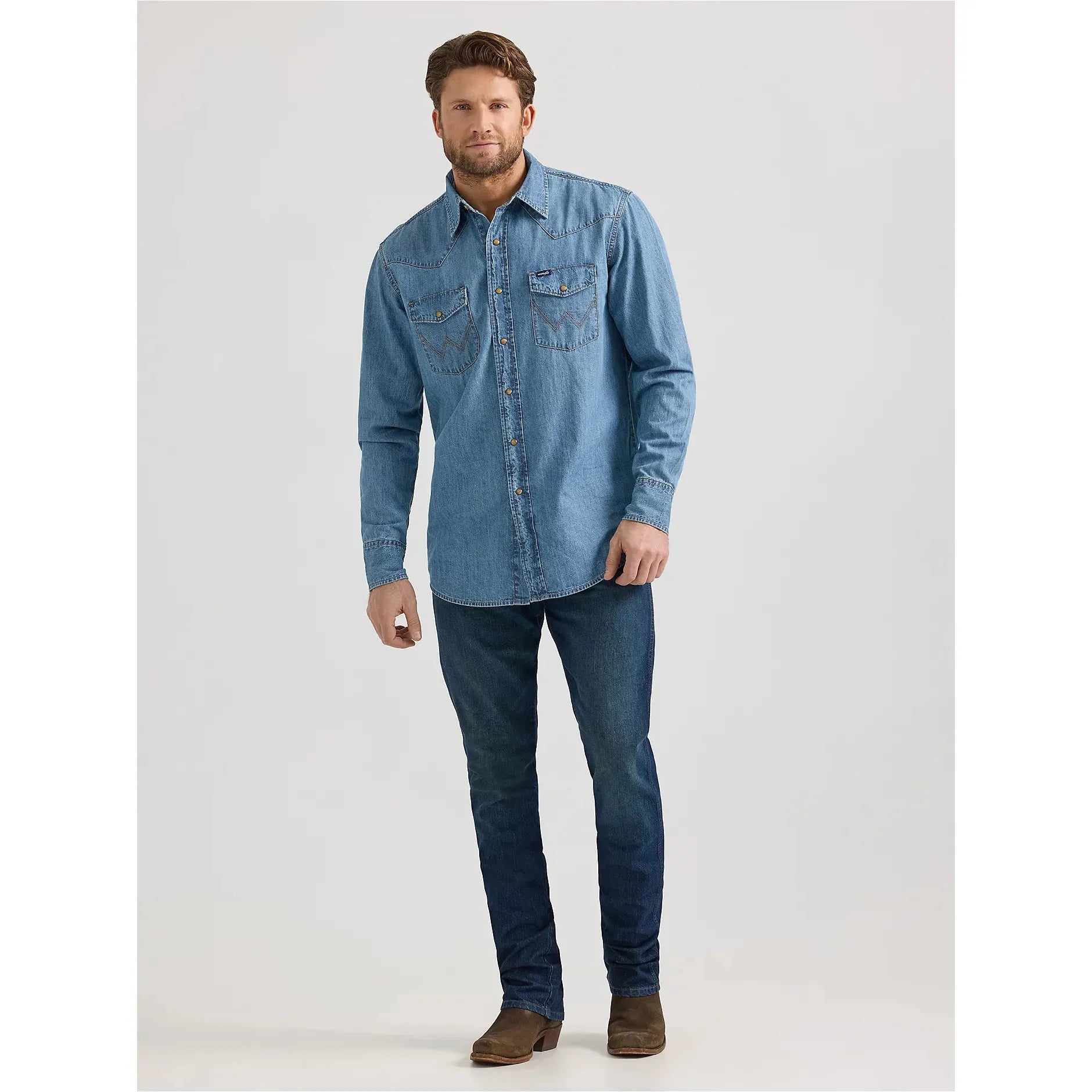 MEN'S WRANGLER® CLASSIC DENIM WESTERN SNAP SHIRT-LIGHT WASH
