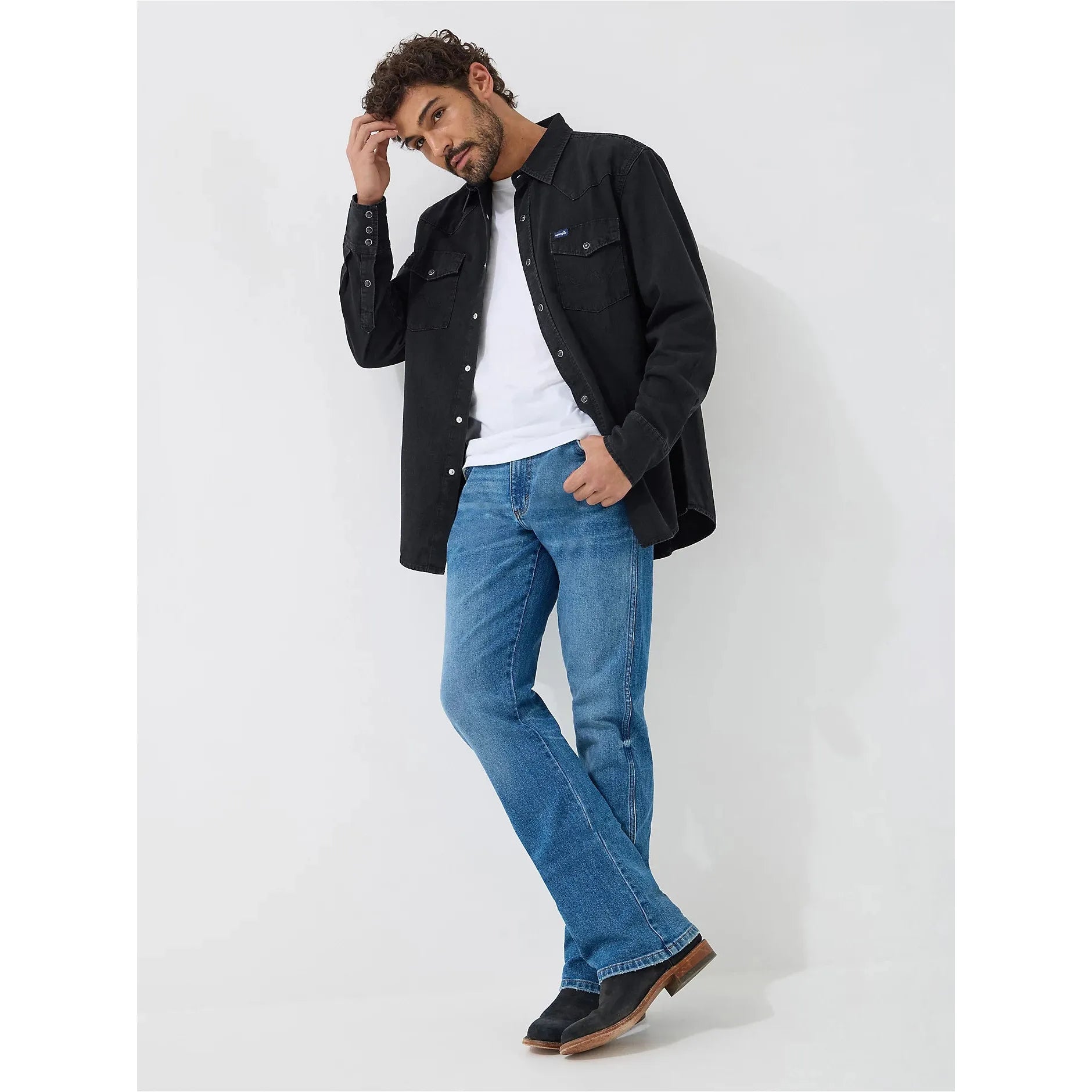 MEN'S WRANGLER® CLASSIC DENIM WESTERN SNAP SHIRT-BLACK DENIM