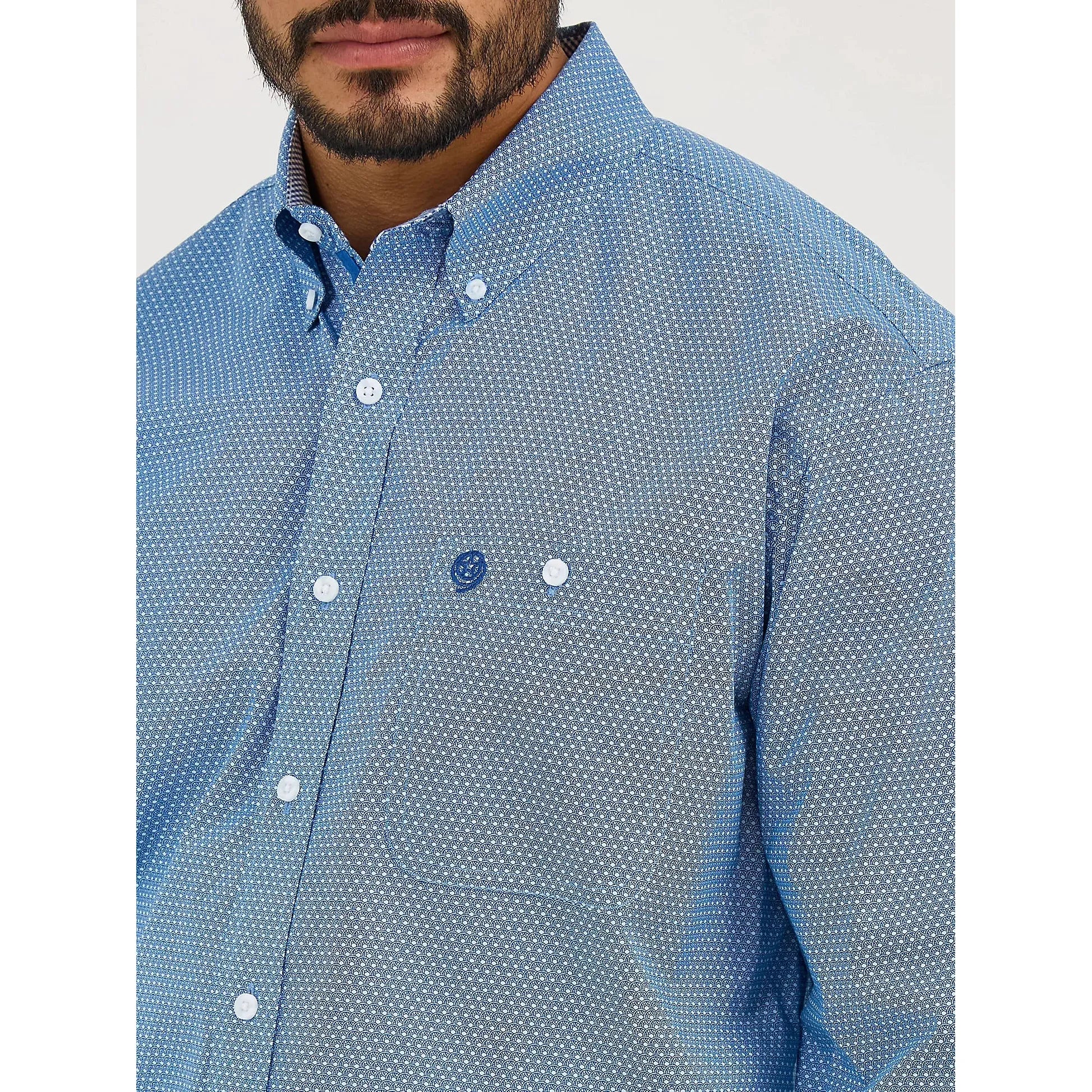 Men's Wrangler® George Strait™ Long Sleeve Button Down One Pocket Shirt in Dusty Blue Microdot