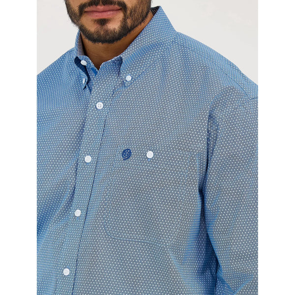 Men's Wrangler® George Strait™ Long Sleeve Button Down One Pocket Shirt in Dusty Blue Microdot