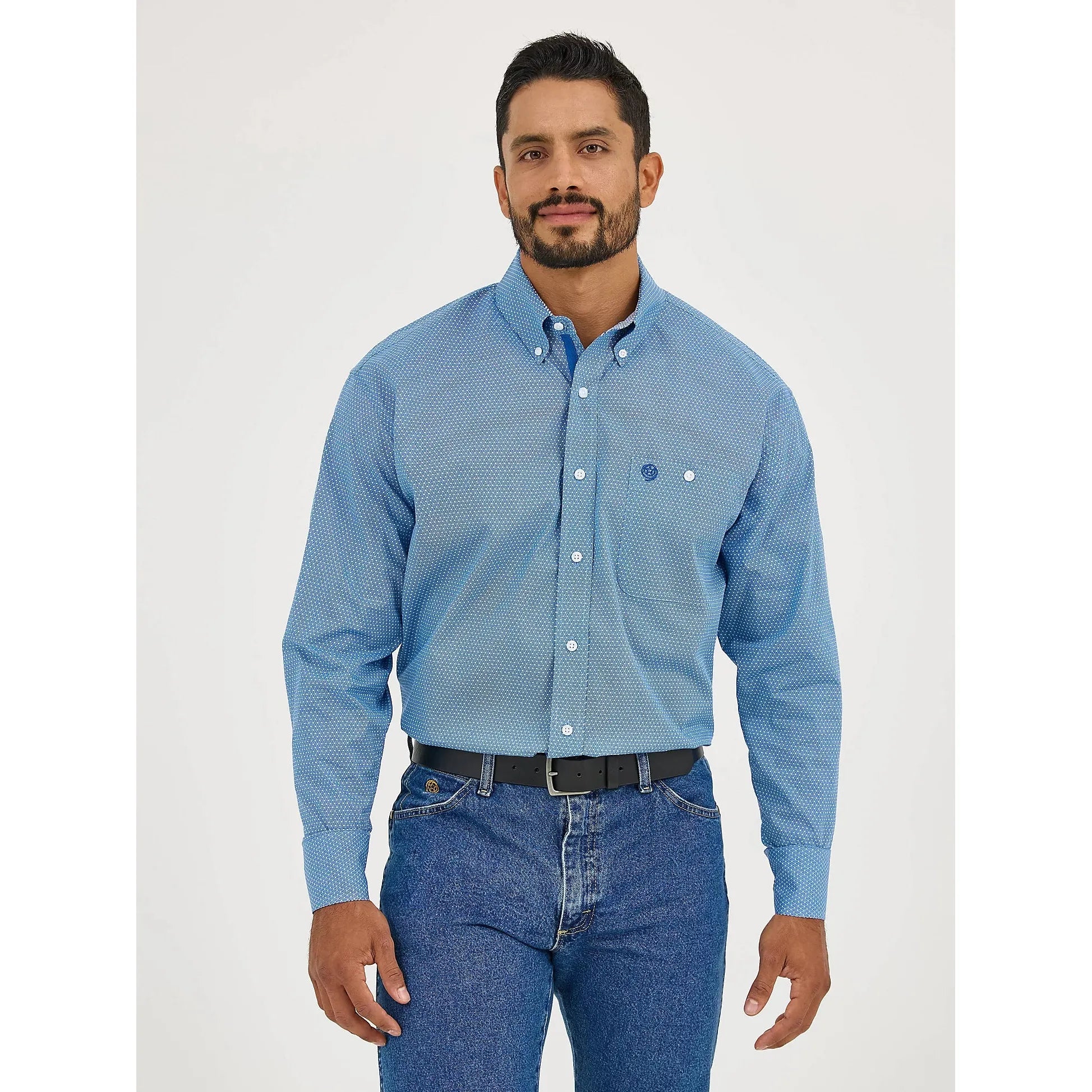Men's Wrangler® George Strait™ Long Sleeve Button Down One Pocket Shirt in Dusty Blue Microdot